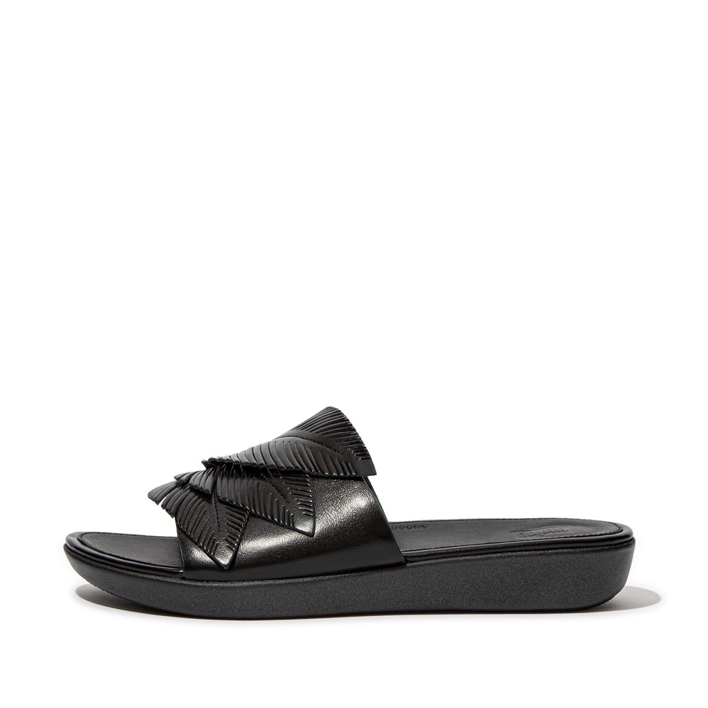 Fitflop Womens Slides - Sola Feather Metallic Leather - Black - 462-RBIHFV